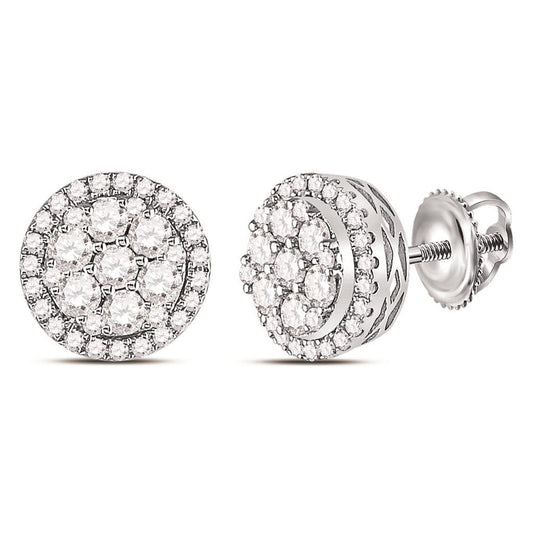 14k White Gold Round Diamond Flower Halo Cluster Earrings 7/8 Ctw