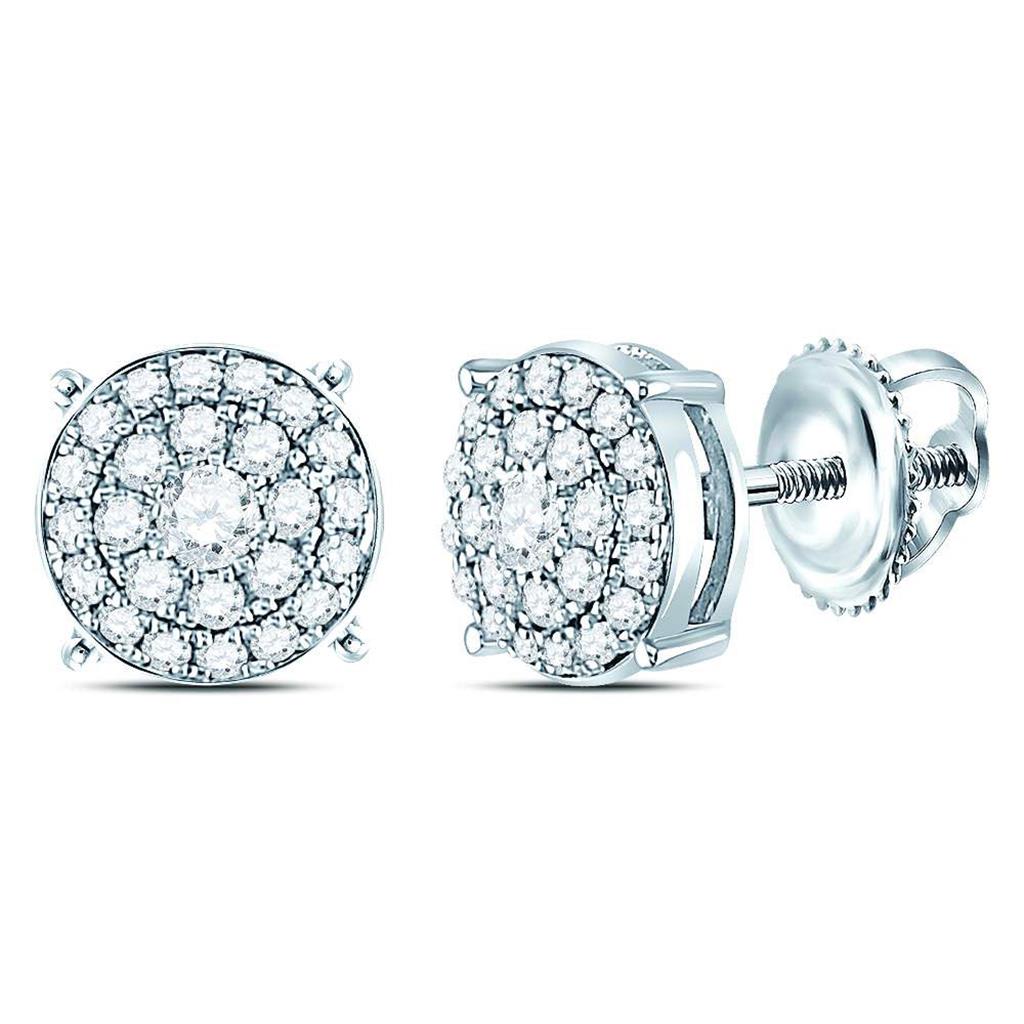 14k White Gold Round Diamond Concentric Circle Cluster Earrings 1/4 Cttw