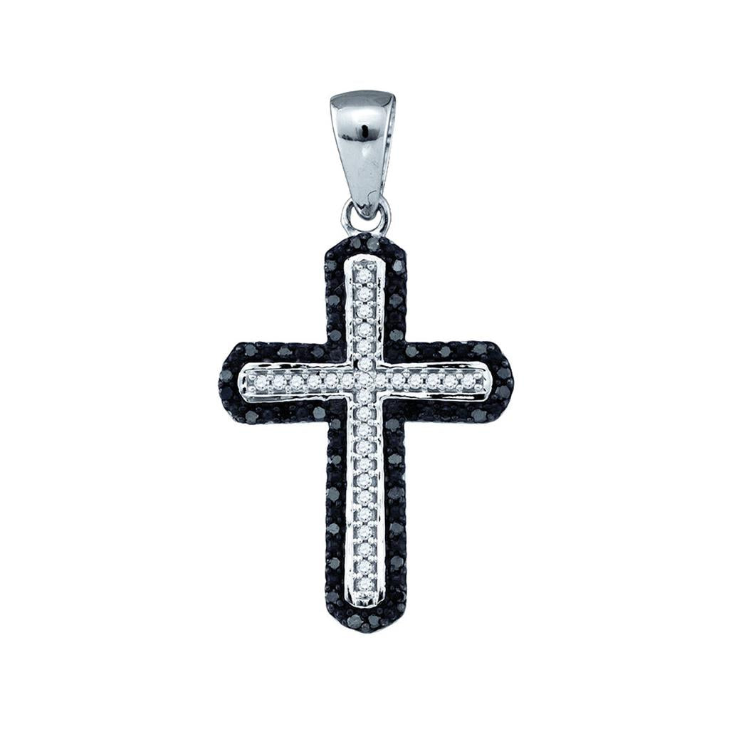 14k White Gold Round Black Diamond Cross Pendant 1/5 Cttw