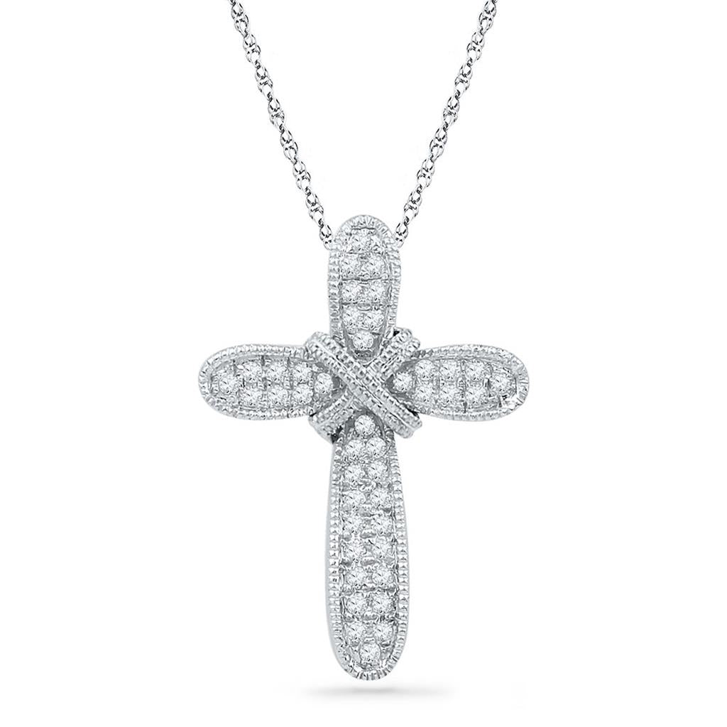 14k White Gold Round Diamond Cross Pendant 1/6 Cttw