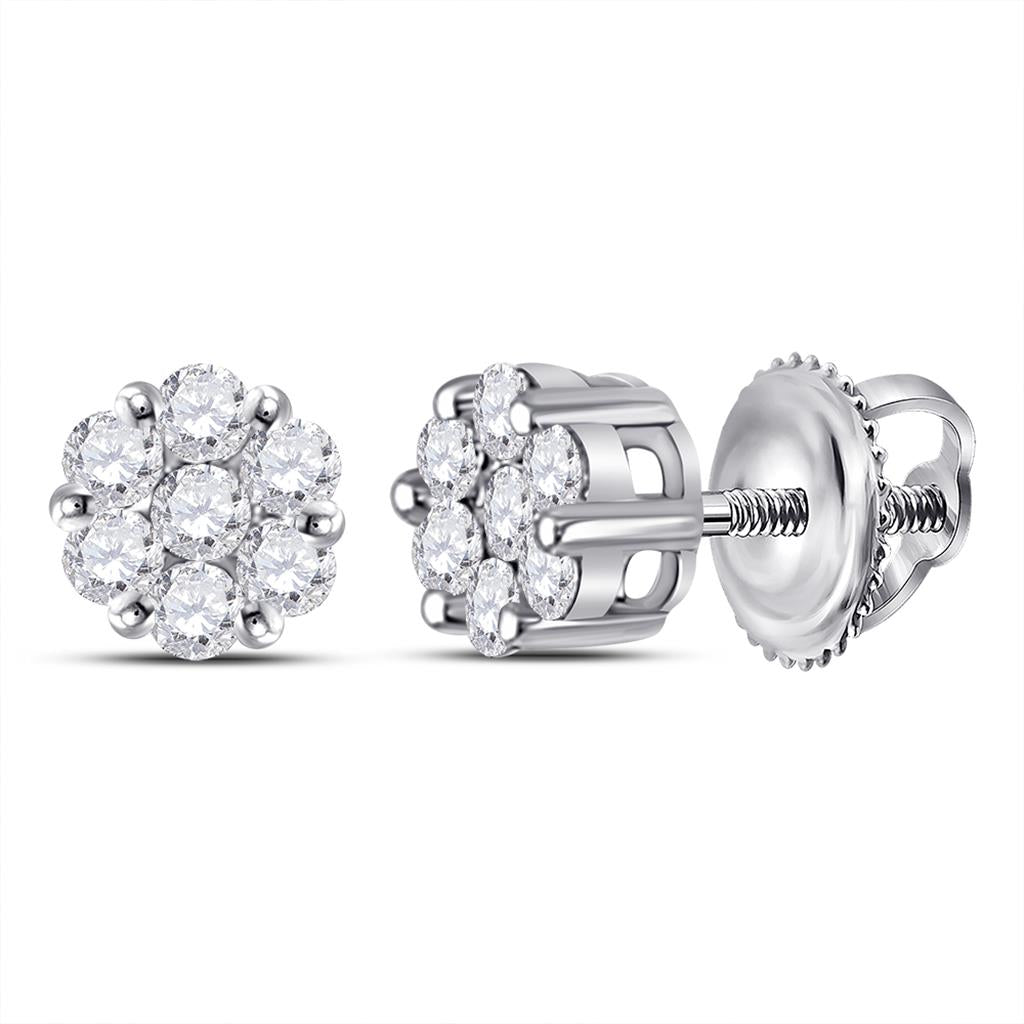 14kt White Gold Round Diamond Flower Cluster Earrings 1/4 Cttw