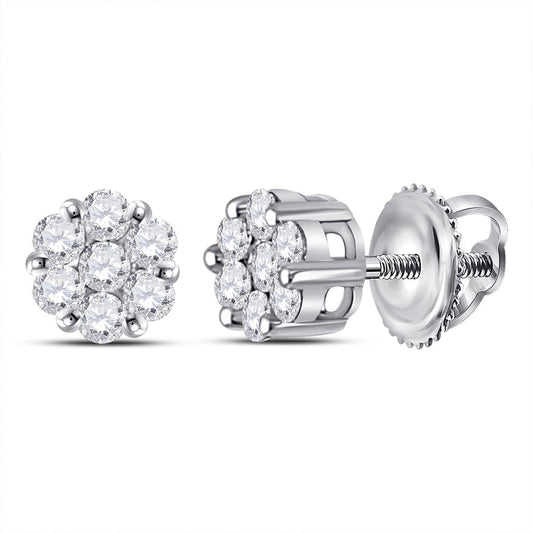 14kt White Gold Round Diamond Flower Cluster Earrings 1/4 Cttw