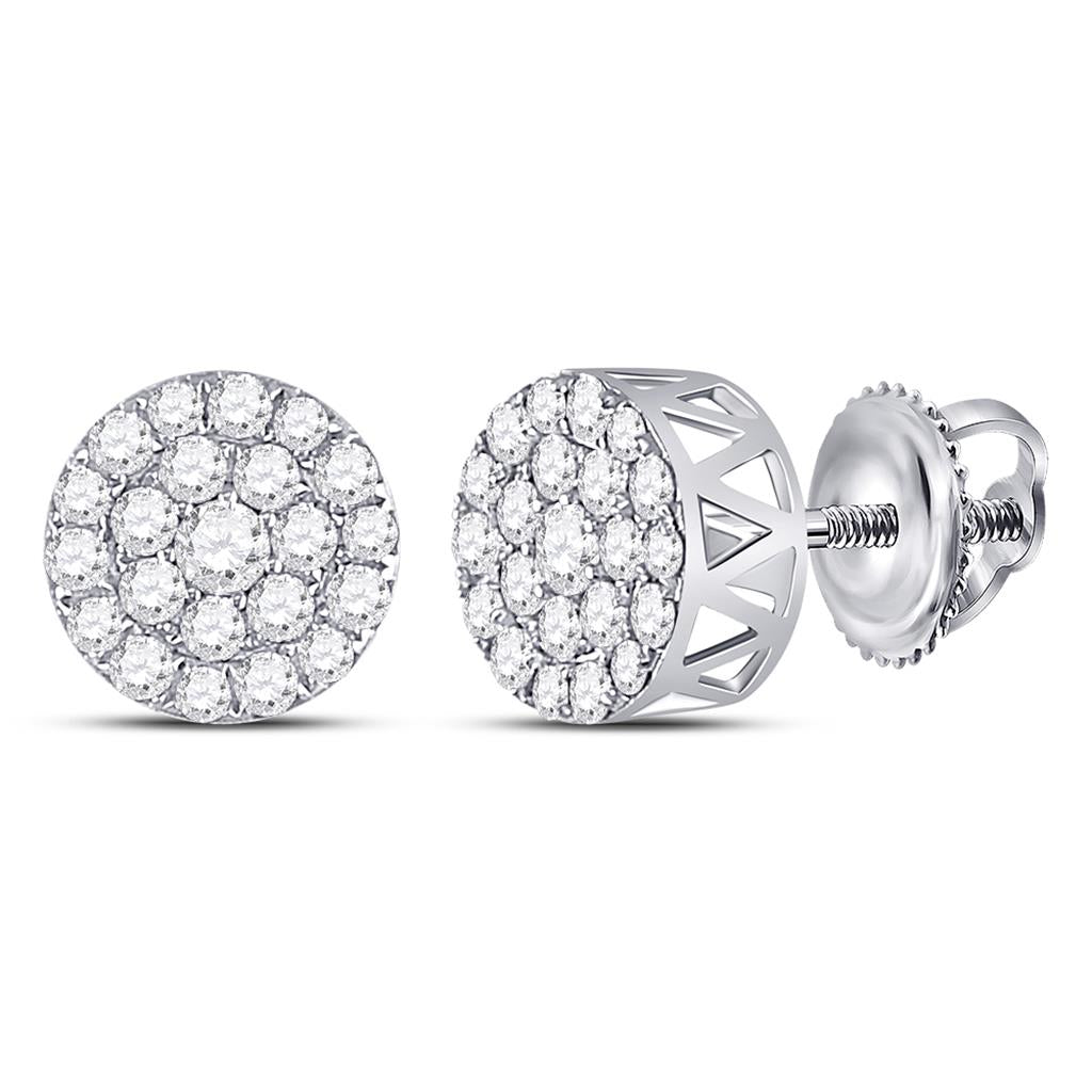 14kt White Gold Round Diamond Circle Frame Cluster Earrings 1 Cttw