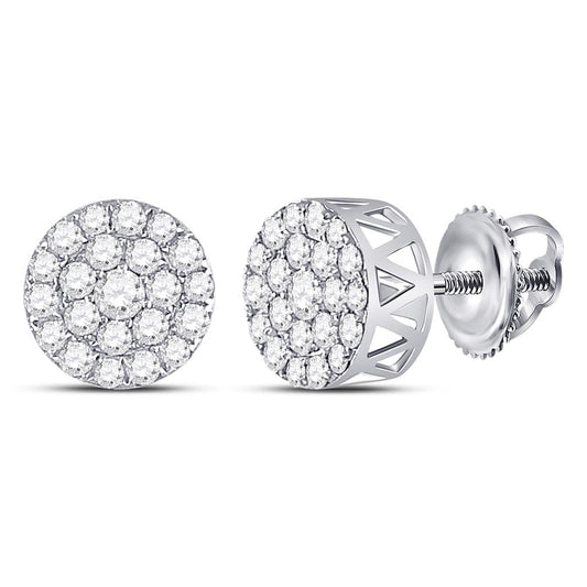 14kt White Gold Round Diamond Circle Frame Cluster Earrings 1 Cttw