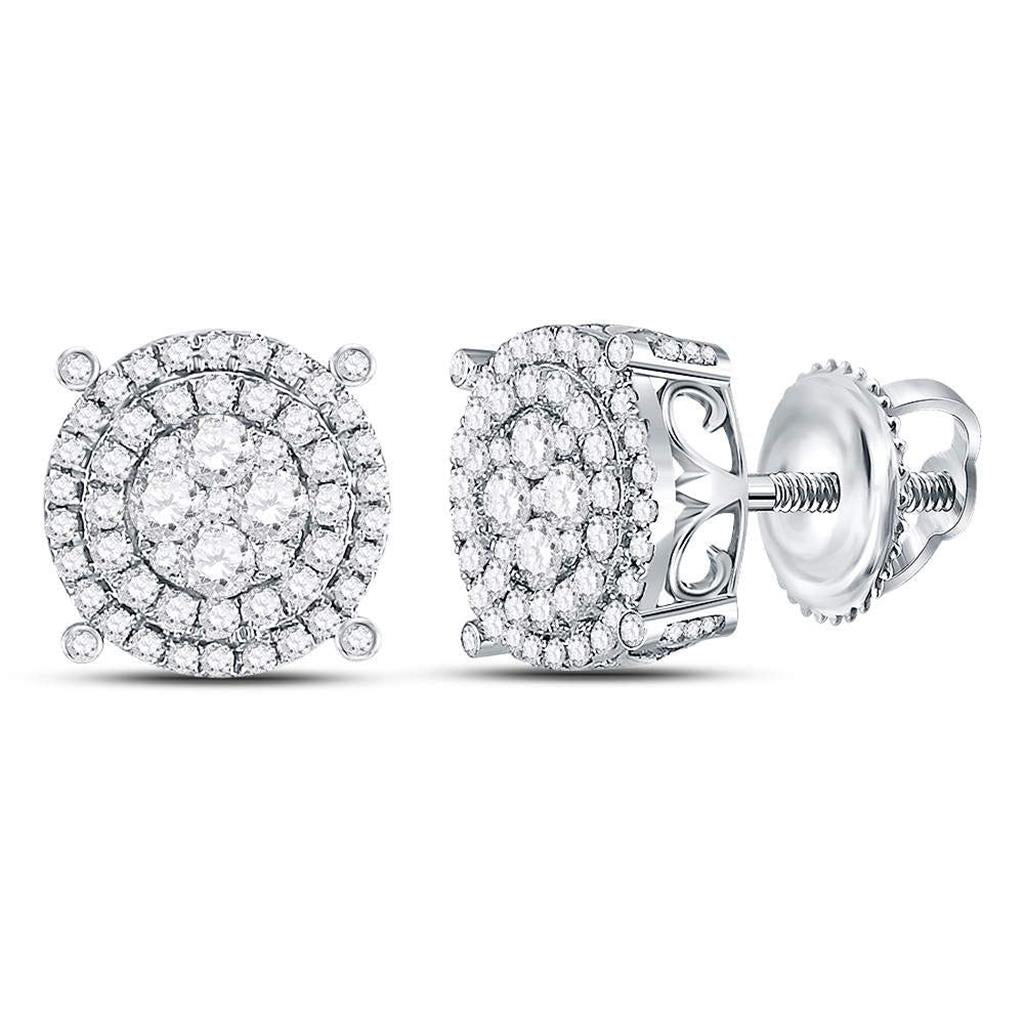 14kt White Gold Round Diamond Circle Frame Cluster Earrings 1 Cttw