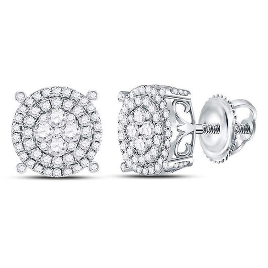 14kt White Gold Round Diamond Circle Frame Cluster Earrings 1 Cttw