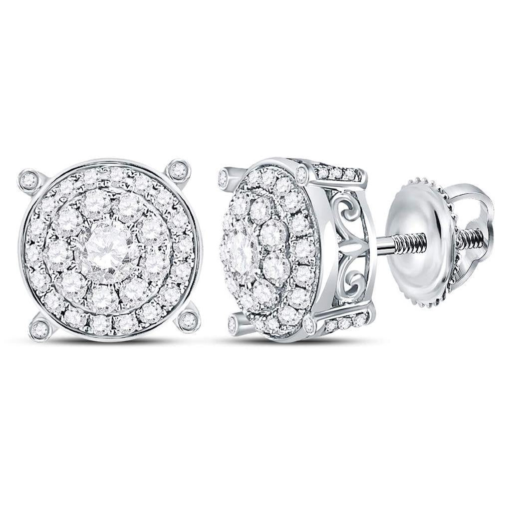 14k White Gold Round Diamond Concentric Circle Cluster Earrings 1 Cttw