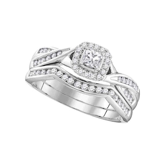 14k White Gold Princess Diamond Halo Bridal Wedding Ring Set 1/2 Cttw
