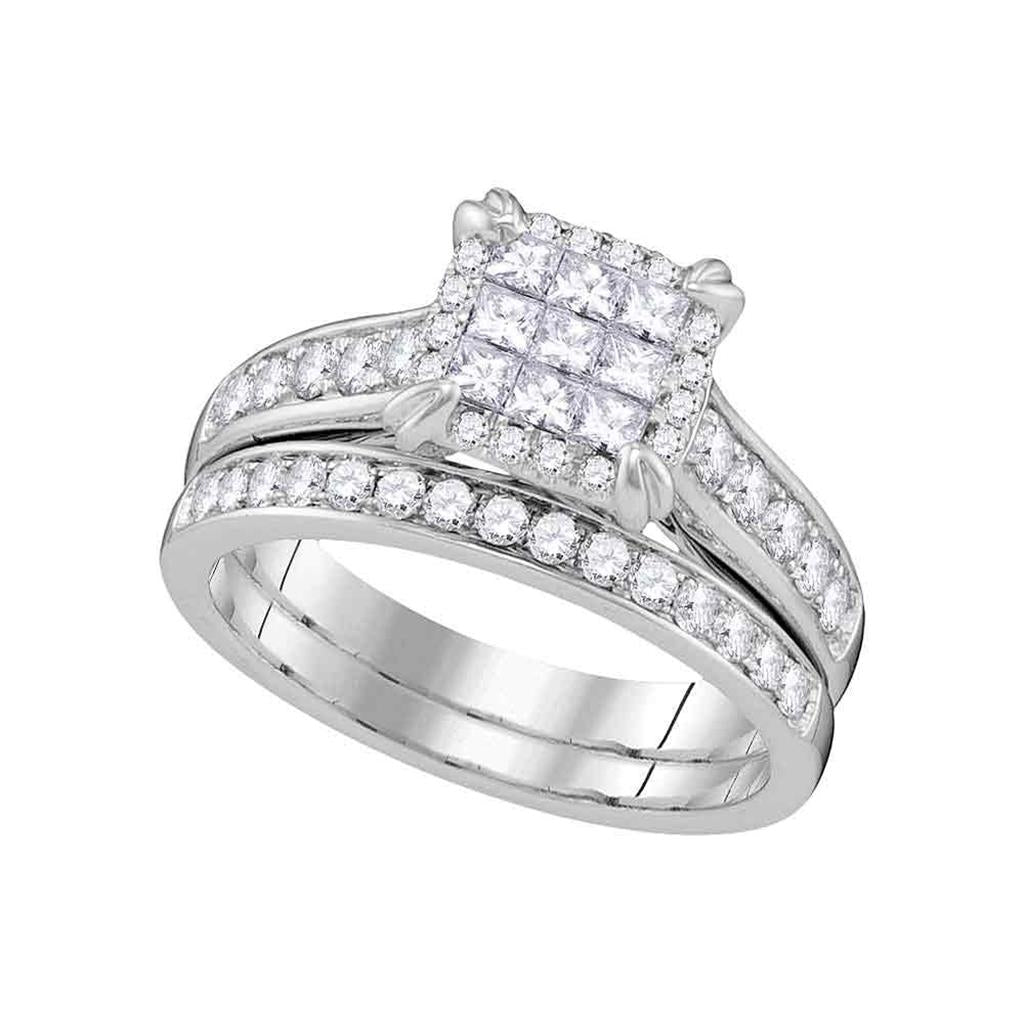 14k White Gold Princess Diamond Cluster Bridal Wedding Ring Set 1 Cttw