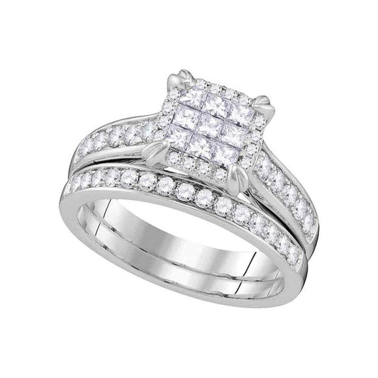 14k White Gold Princess Diamond Cluster Bridal Wedding Ring Set 1 Cttw