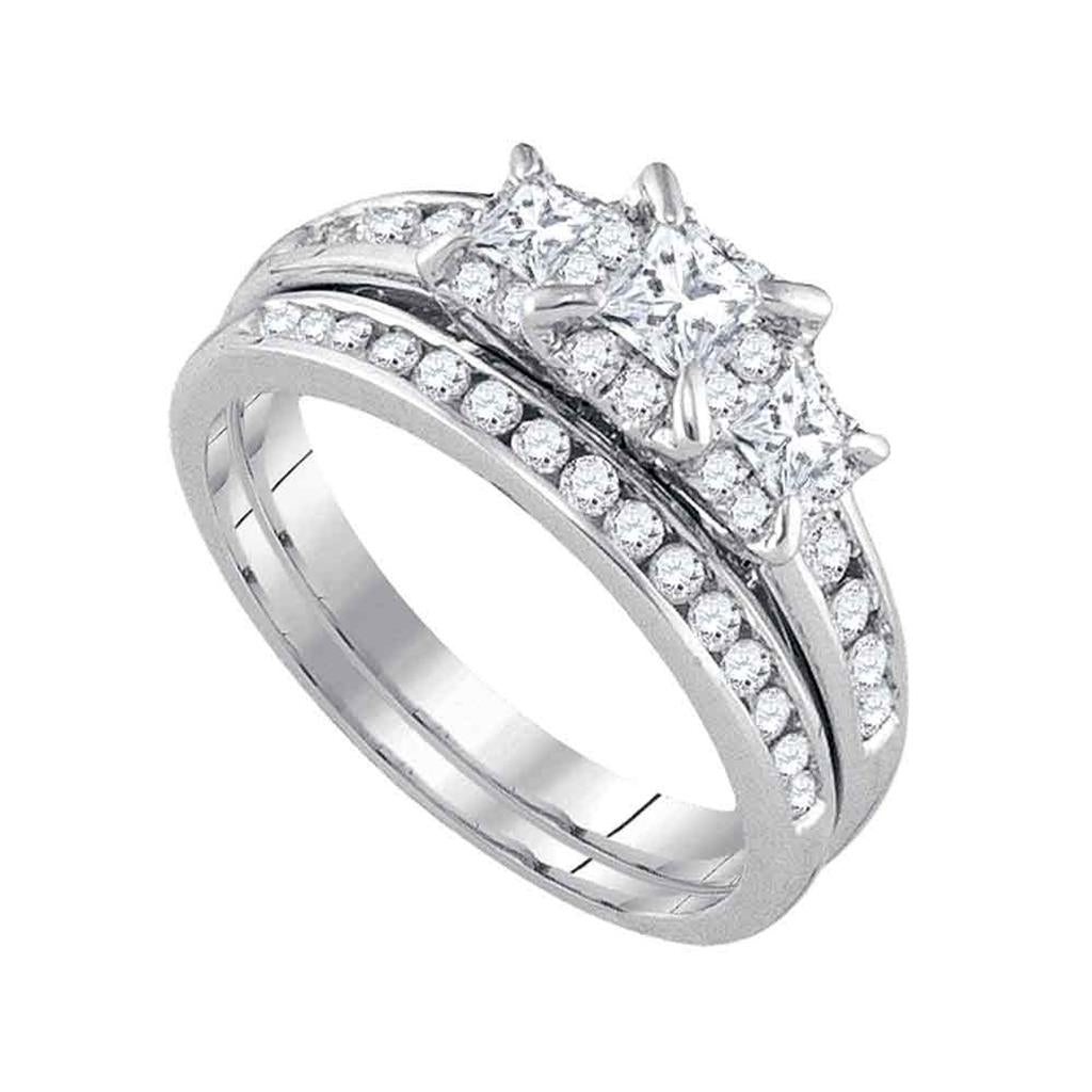 14k White Gold Princess Diamond 3-Stone Bridal Wedding Ring Set 1 Cttw