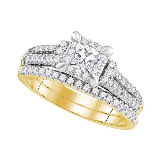 14k Yellow Gold Princess Diamond Halo Bridal Wedding Ring Set 1 Cttw