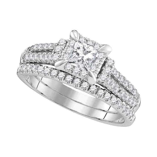 14k White Gold Princess Diamond Halo Bridal Wedding Ring Set 1 Cttw