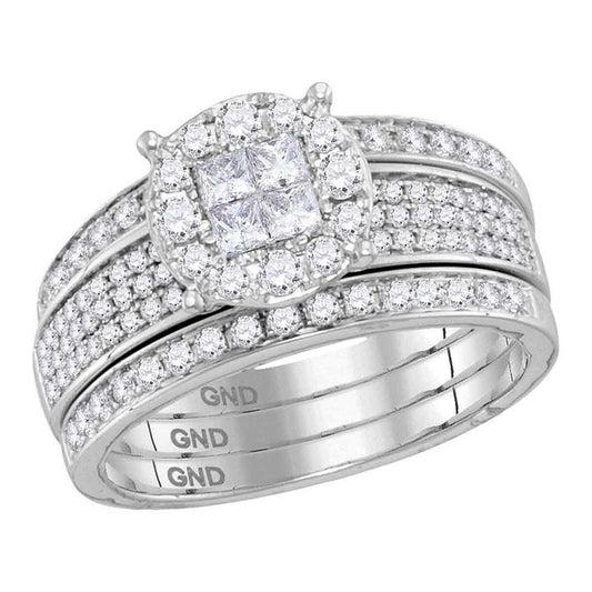 14k White Gold Princess Round Diamond Bridal Wedding Ring Set 1 Cttw