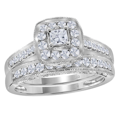 14k White Gold Princess Diamond Bridal Wedding Ring Set 3/4 Cttw