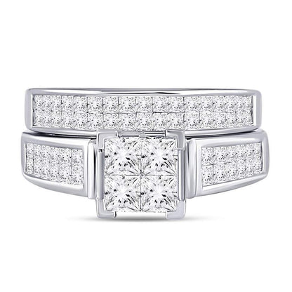 14k White Gold Princess Diamond Bridal Wedding Ring Set 2 Cttw