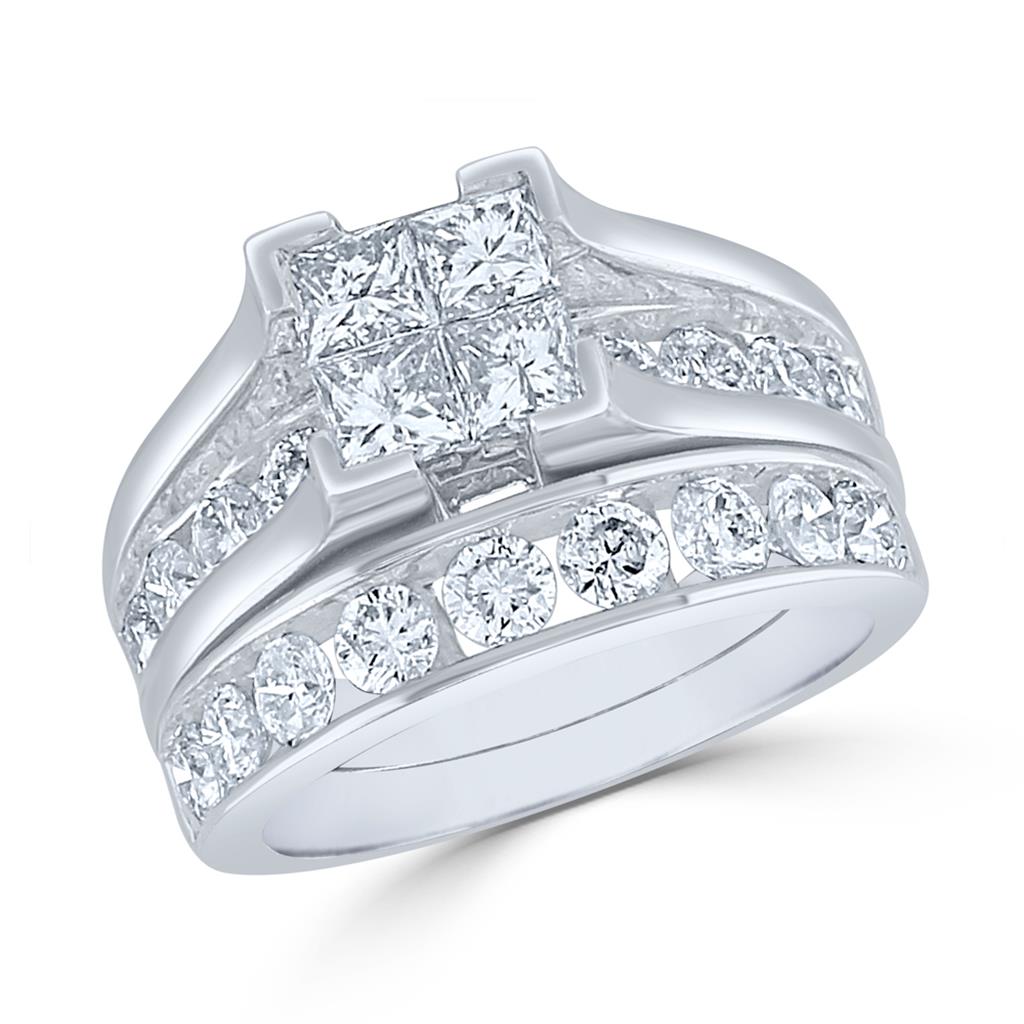 14k White Gold Princess Diamond Bridal Wedding Ring Set 3 Cttw