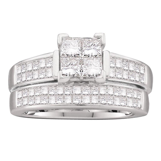 14k White Gold Princess Diamond Bridal Wedding Ring Set 1-1/2 Cttw