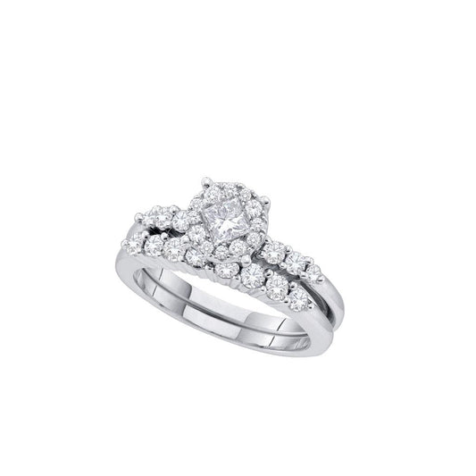14k White Gold Princess Round Diamond Bridal Wedding Ring Set 1 Cttw