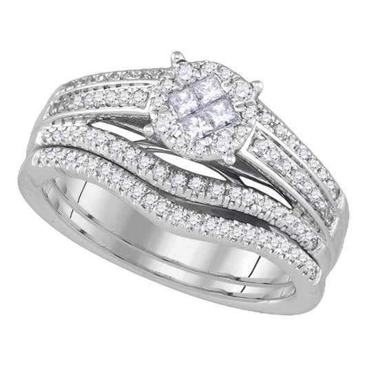 14k White Gold Princess Round Diamond Bridal Wedding Ring Set 5/8 Cttw