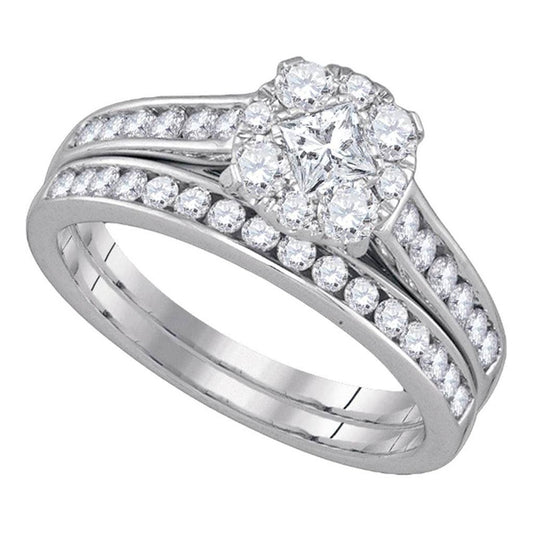 14k White Gold Princess Round Diamond Bridal Wedding Ring Set 1 Cttw