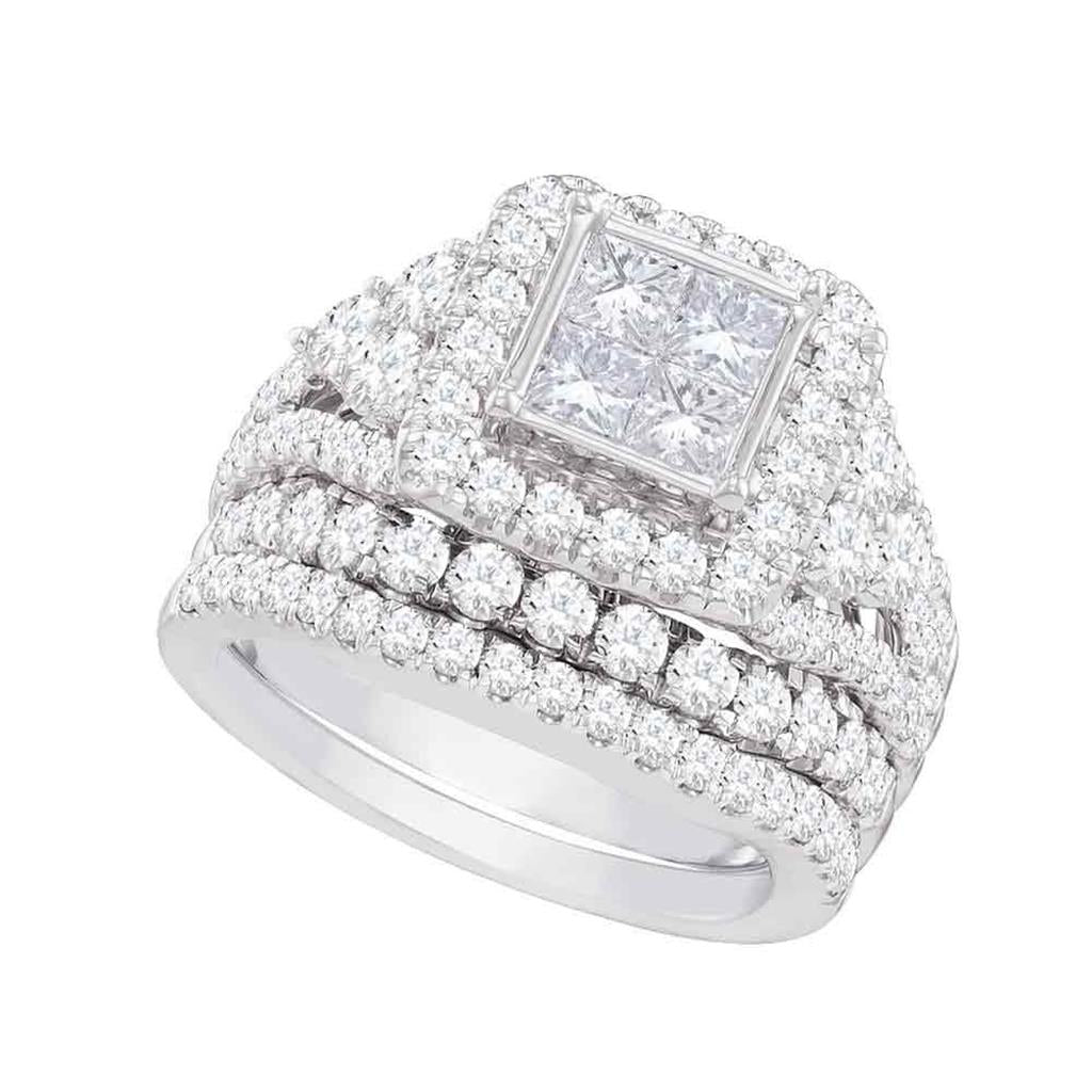 14k White Gold Princess Diamond Halo Bridal Wedding Ring Set 3-1/3 Cttw
