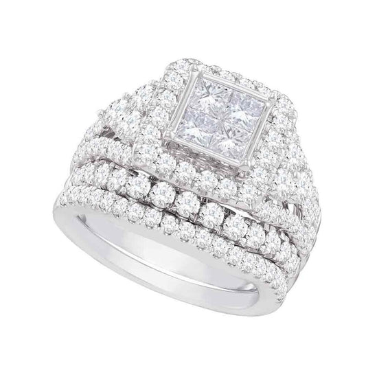 14k White Gold Princess Diamond Halo Bridal Wedding Ring Set 3-1/3 Cttw