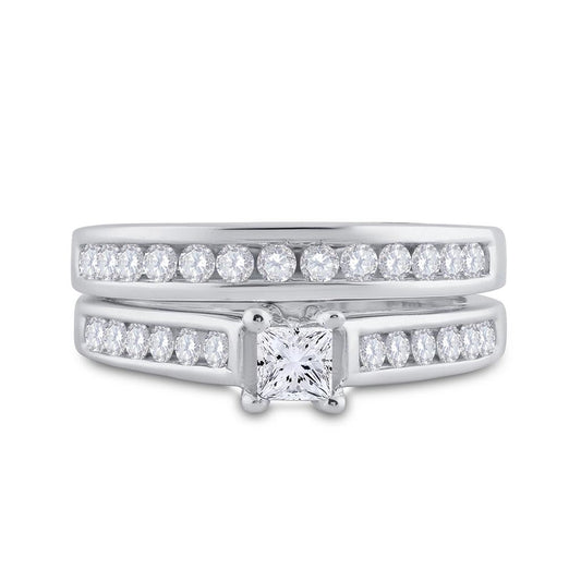 14k White Gold Princess Diamond Bridal Wedding Ring Set 1 Cttw (Certified)