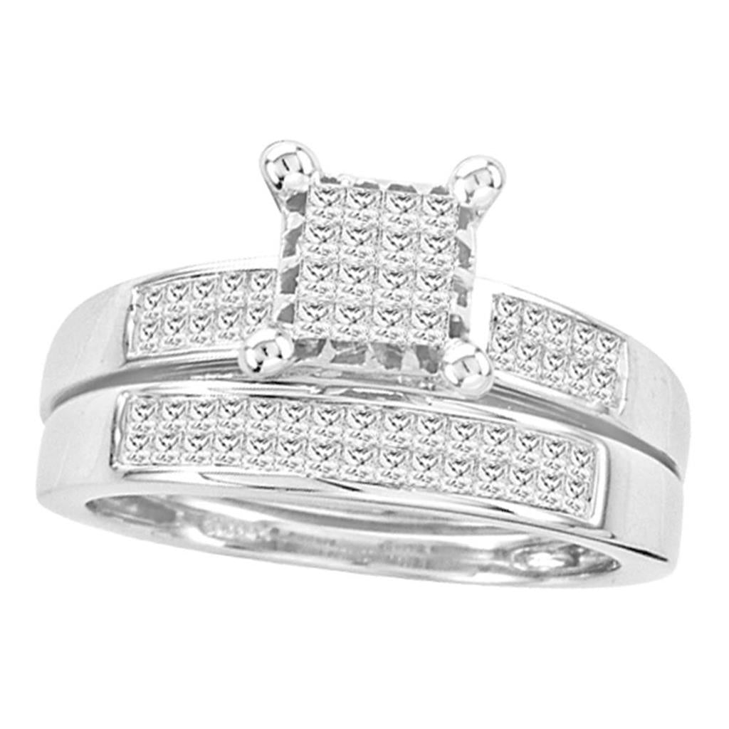 14k White Gold Princess Diamond Bridal Wedding Ring Set 3/4 Cttw
