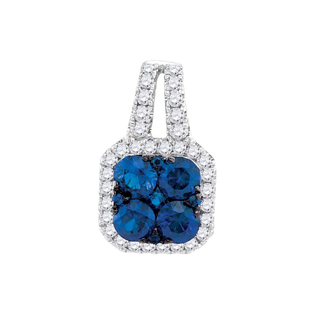 14k White Gold Round Blue Sapphire Diamond Square Cluster Pendant 3/4 Cttw