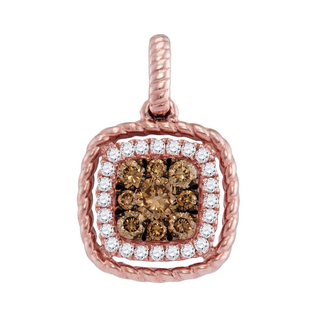 14k Rose Gold Round Brown Diamond Square Frame Cluster Pendant 1/3 Cttw