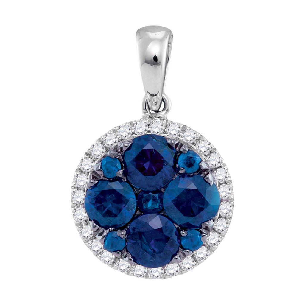 14k White Gold Round Blue Sapphire Cluster Pendant 1-1/3 Cttw