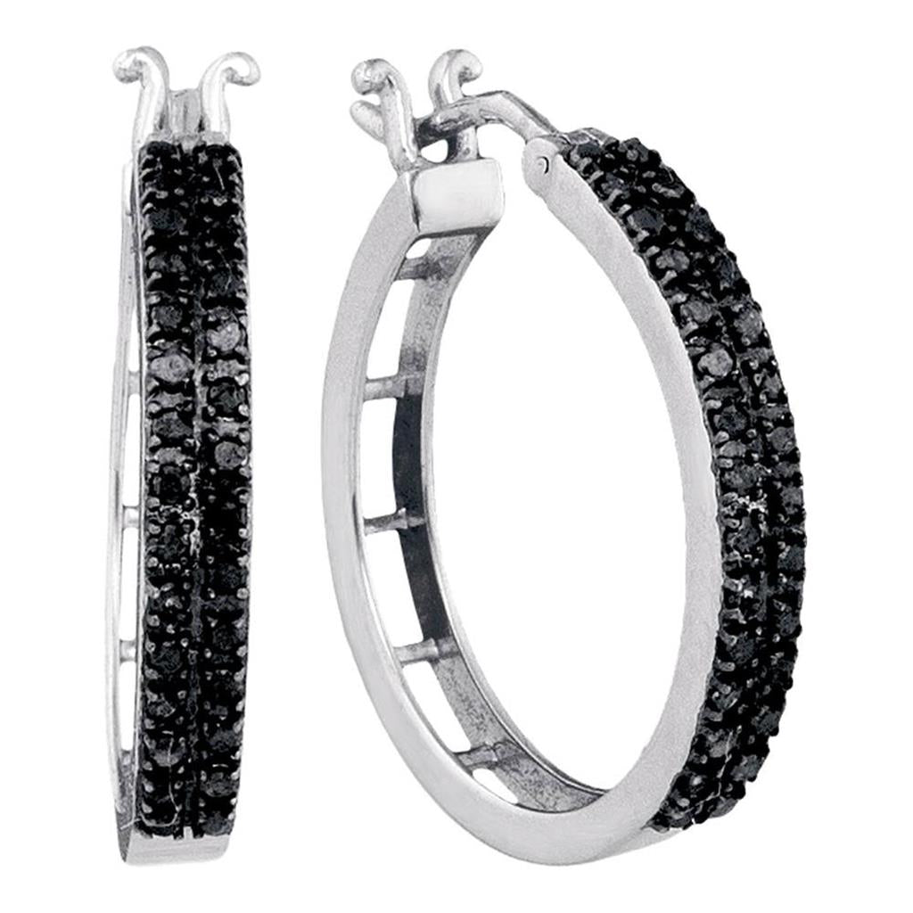 14k White Gold Round Black Diamond Hoop Earrings 1/2 Cttw