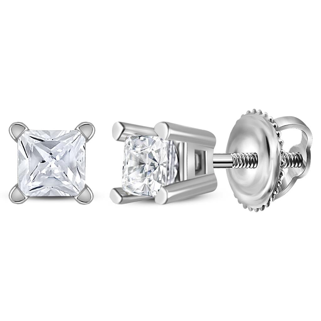 14k White Gold Unisex Princess Diamond Solitaire Studs Earrings 1/5 Cttw (Certified)