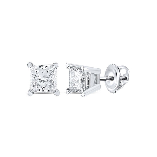 14k White Gold Unisex Princess Diamond Solitaire Stud Earrings 1/2 Cttw (Certified)