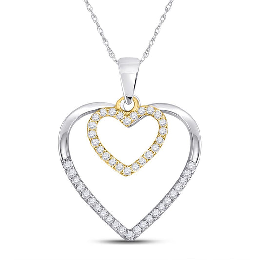 10k Two-tone Gold Round Diamond Double Heart Pendant 1/5 Cttw