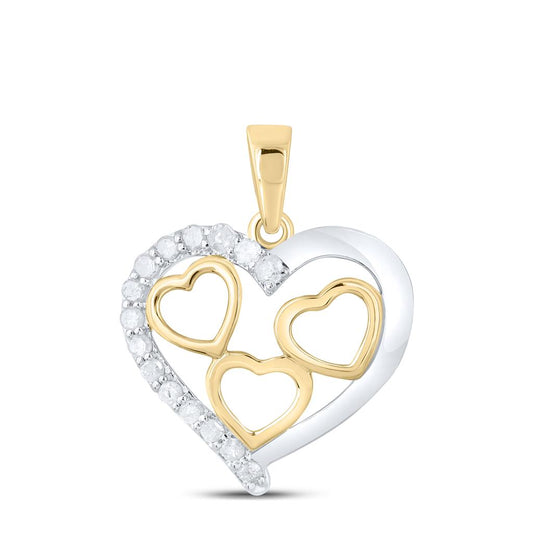 10k Yellow Gold Round Diamond Two-tone Nested Heart Pendant 1/5 Cttw