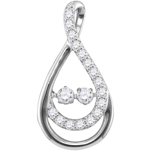 14k White Gold Round Diamond Moving Twinkle 2-Stone Teardrop Pendant 1/2 Cttw