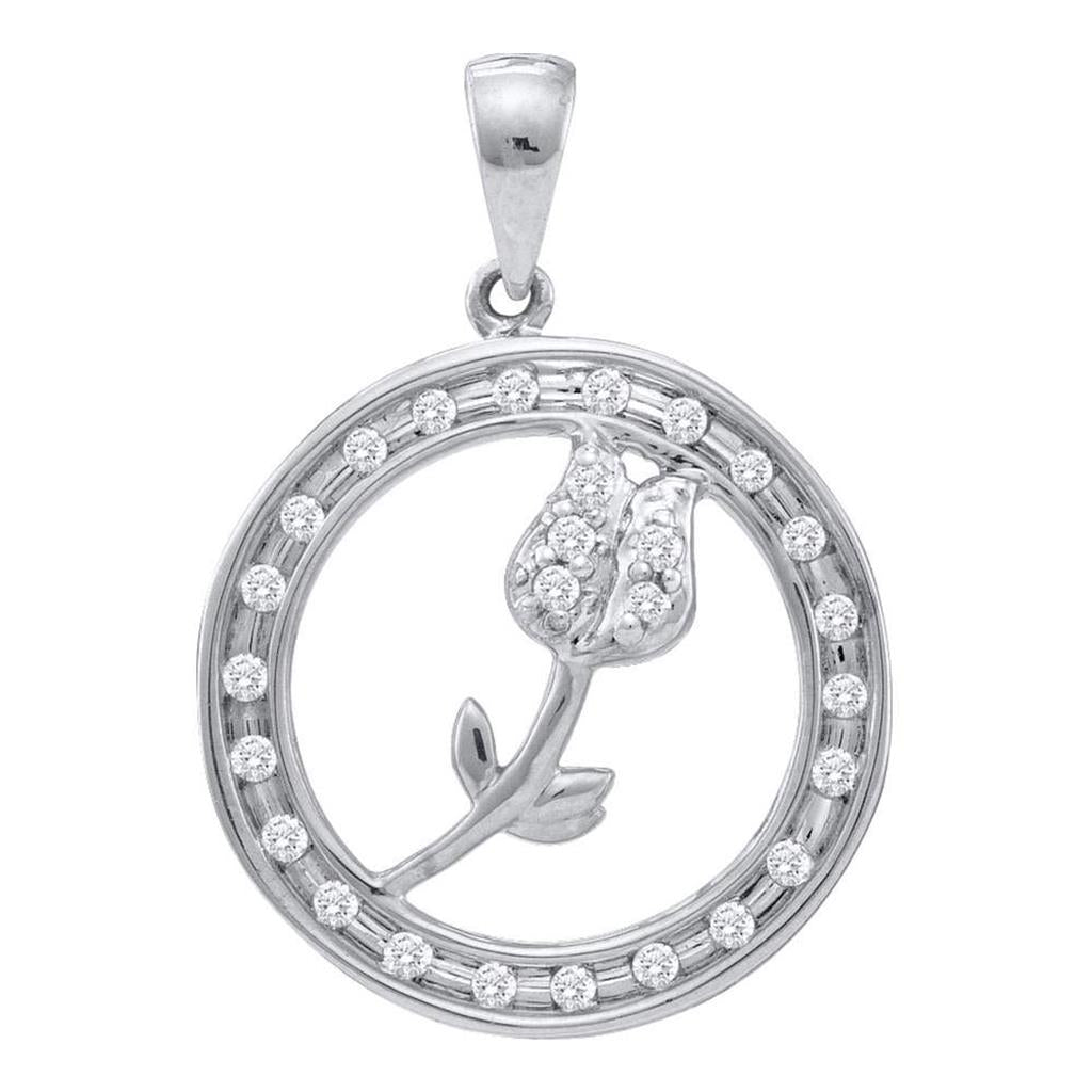 14k White Gold Round Diamond Circle Rose Flower Pendant 1/6 Cttw