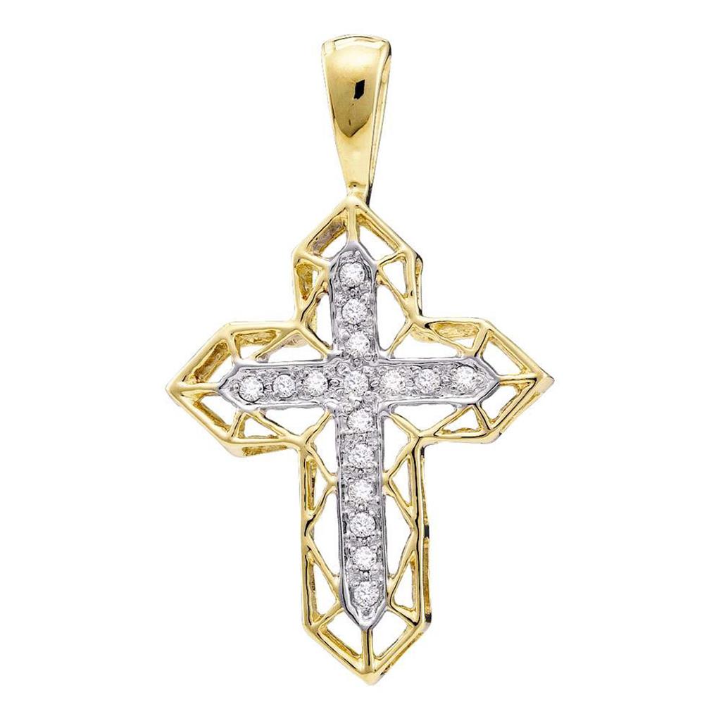 10k Yellow Gold Round Diamond Two-tone Cross Religious Pendant 1/8 Cttw