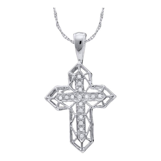14k White Gold Round Diamond Cross Frame Religious Pendant 1/8 Cttw