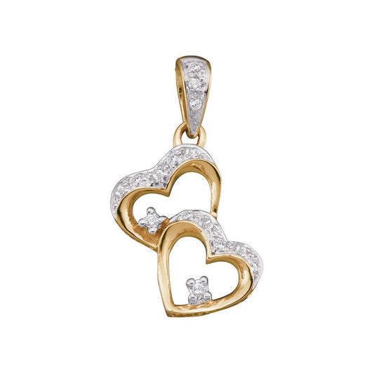 10k Two-tone Gold Round Diamond Double Heart Dangle Pendant 1/6 Cttw