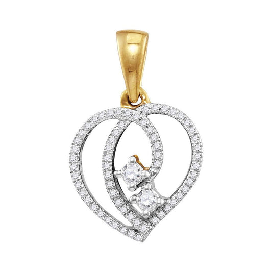 10k Yellow Gold Round Diamond 2-Stone Hearts Together Heart Pendant 1/6 Cttw