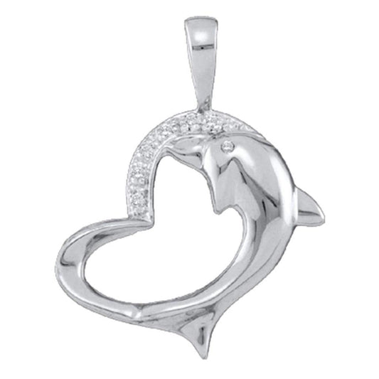 Natural Diamond Open Heart and Dolphin Pendant in 14k White Gold