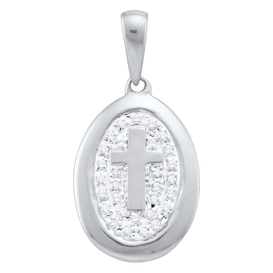 14k White Gold Diamond-accented Cross Dainty Small Oval Pendant 1/10 Cttw