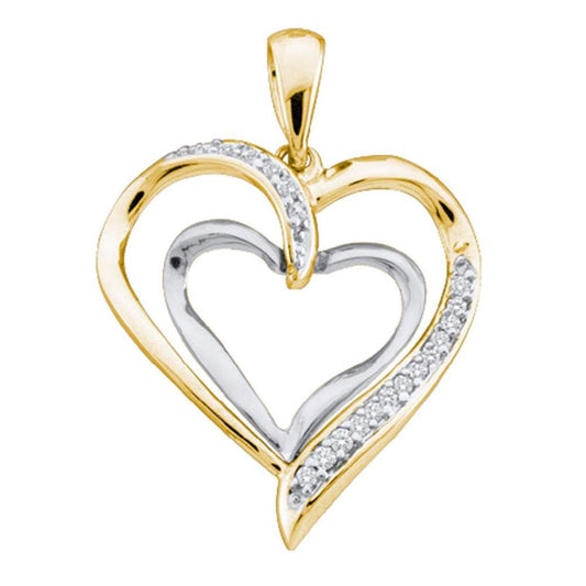 10k Yellow Gold Round Diamond Double Nested Heart Pendant 1/10 Cttw