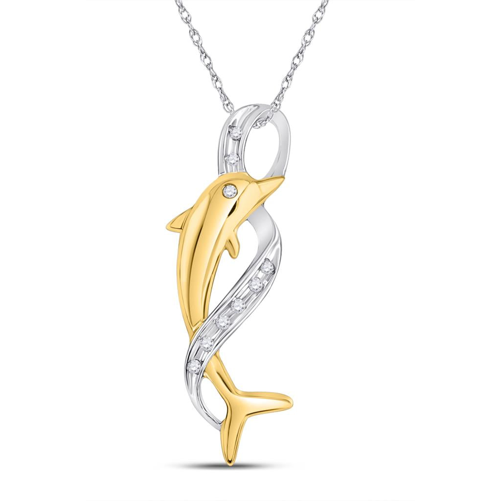 10k Two-tone Gold Round Diamond Dolphin Pendant 1/20 Cttw