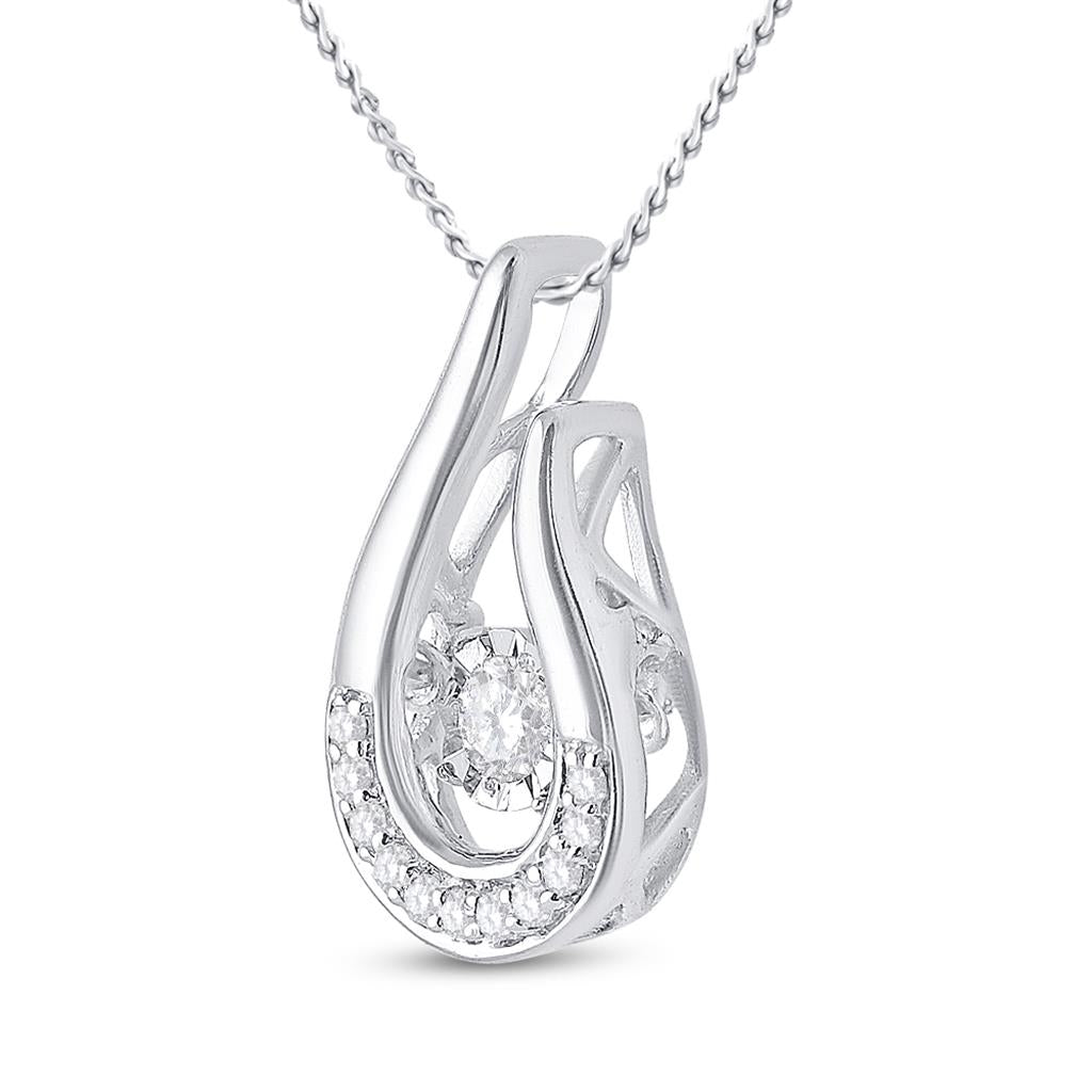 14k White Gold Round Diamond Moving Teardrop Solitaire Pendant 1/10 Cttw