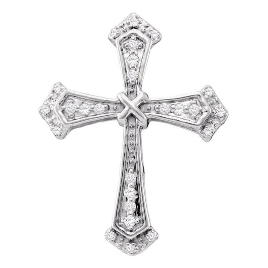 14k White Gold Round Diamond Flared Cross Pendant 1/10 Cttw