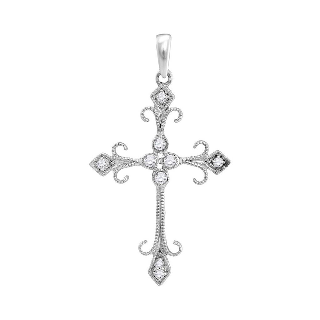14k White Gold Round Diamond Cross Pendant 1/10 Cttw